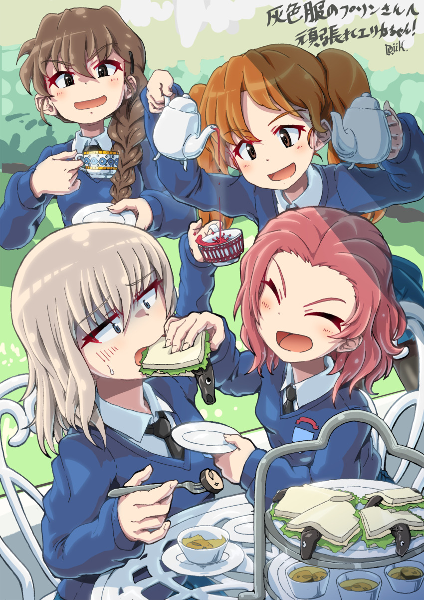 4girls, absurdres, alternate_costume, black_necktie, black_tea, black_thighhighs, blue_eyes, blue_skirt