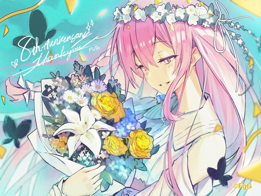 1girl, absurdres, anniversary, artist_name, blue_flower, bouquet, bow, braid, clothing_cutout, commentary_request, copyright_notice, flower, flower_wreath, hair_bow, head_wreath, highres, holding, holding_bouquet, long_hair, looking_at_flowers, official_art, phantom_of_the_kill, pink_eyes, pink_hair, puto_(g-row), second-party_source, shoulder_cutout, signature, solo, tyrfing_(phantom_of_the_kill), white_bow, white_flower, yellow_flower
