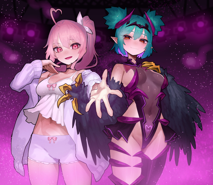 2girls, absurdres, ahoge, black_feathers, black_wings, blush, boyshort_panties, breasts, cardigan, character_request, claws, colored_inner_hair, commentary_request, commission, ekrea_jan, feathered_wings, feathers, green_hair, hair_ribbon, harpy, heart, heart_ahoge, heart_tattoo, high_ponytail, highres, horns, indie_virtual_youtuber, lincoro, looking_at_viewer, monster_girl, multicolored_hair, multiple_girls, navel, panties, pink_hair, pointy_ears, ponytail, purple_hair, reaching, reaching_towards_viewer, red_eyes, ribbon, short_hair, short_twintails, showgirl_skirt, skeb_commission, small_breasts, smile, stomach_tattoo, tank_top, tattoo, tiara, twintails, underwear, virtual_youtuber, white_cardigan, white_panties, white_ribbon, white_tank_top, winged_arms, wings