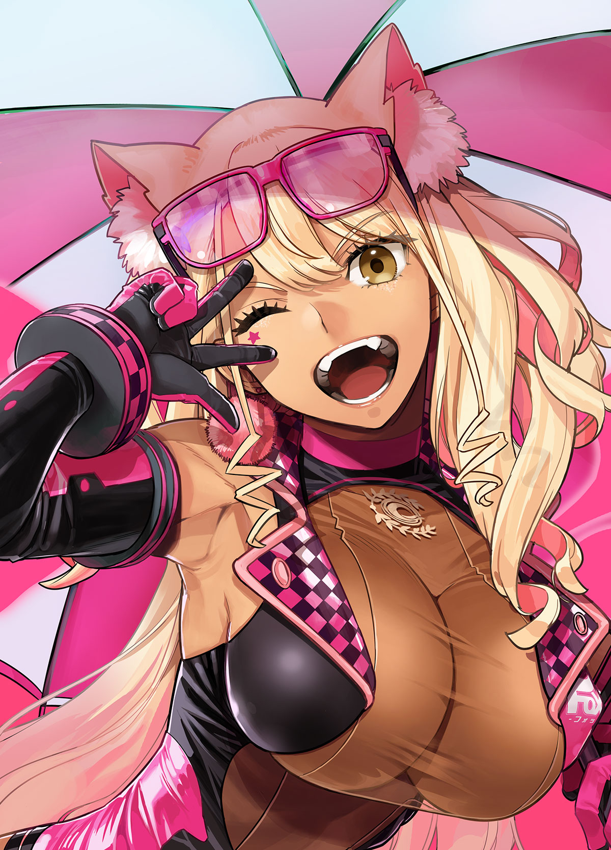 1girl, animal_ears, blonde_hair, breasts, chaldea_logo, cleavage, elbow_gloves, eyewear_on_head