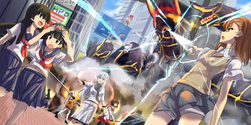 6+girls, absurdres, aradama_(toji_no_miko), ayanokouji_martial_arts_school_uniform, black_footwear, black_hair, black_neckerchief, blue_skirt