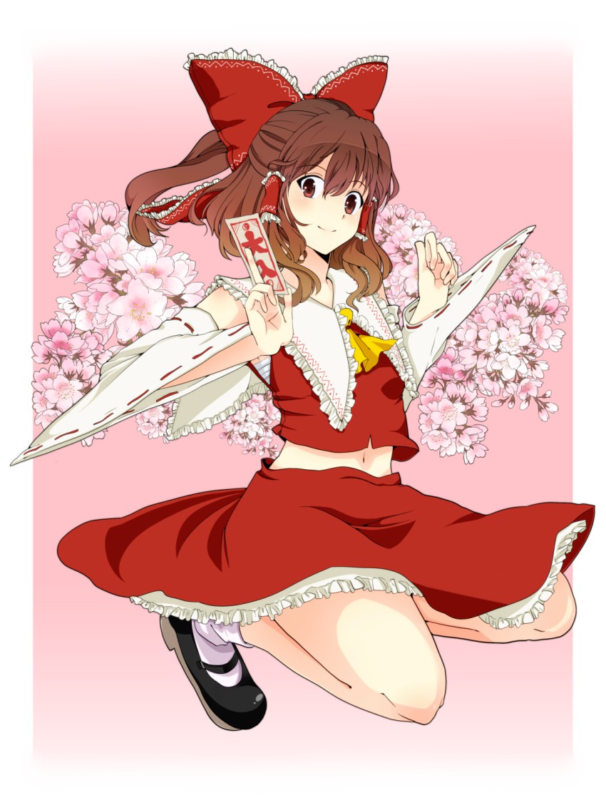 1girl, ascot, bajinappo, bow, brown_eyes, brown_hair, cherry_blossoms, detached_sleeves