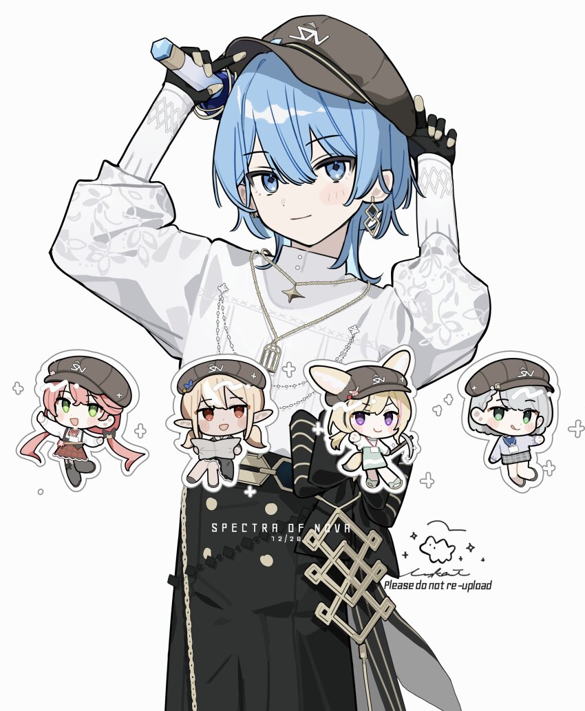 5girls, absurdres, animal_ears, black_skirt, blue_eyes, blue_hair, newsboy_cap, chibi