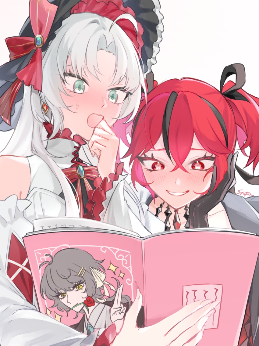 3girls, absurdres, ahoge, bare_shoulders, black_hair, black_ribbon, blush, book, bow, breasts, camellya_(wuthering_waves), carlotta_(wuthering_waves), collar, comiket_105, detached_sleeves, earrings, female_rover_(wuthering_waves), flower, flower-shaped_pupils, hand_up, highres, jewelry, kazuna_ys, medium_breasts, multicolored_hair, multiple_girls, official_alternate_costume, parted_bangs, reading, red_bow, red_eyes, red_hair, ribbon, rover_(wuthering_waves), simple_background, skirt, smile, symbol-shaped_pupils, white_background, white_sleeves, wuthering_waves