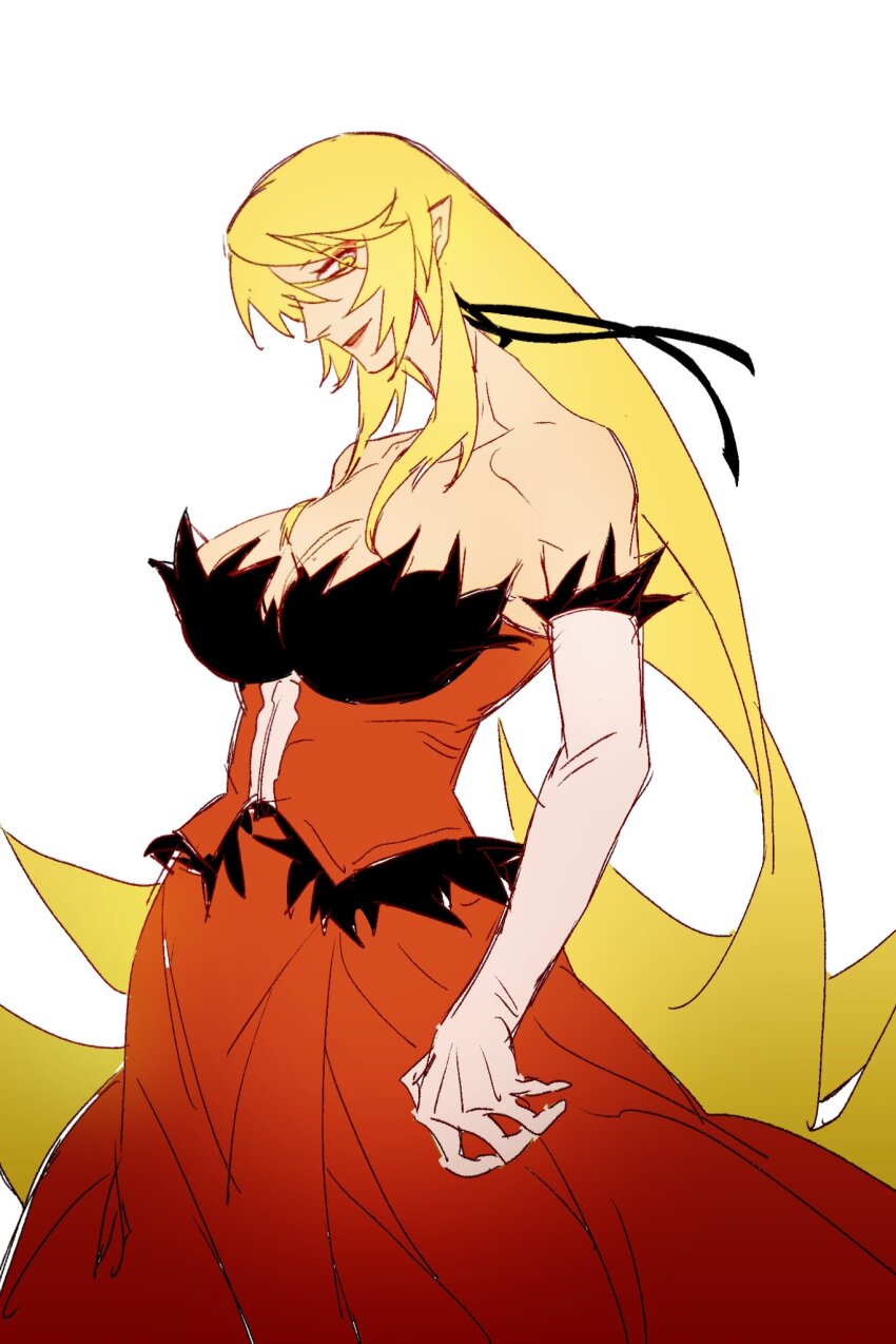 1girl, blonde_hair, breasts, cleavage, dress, elbow_gloves, gloves, highres