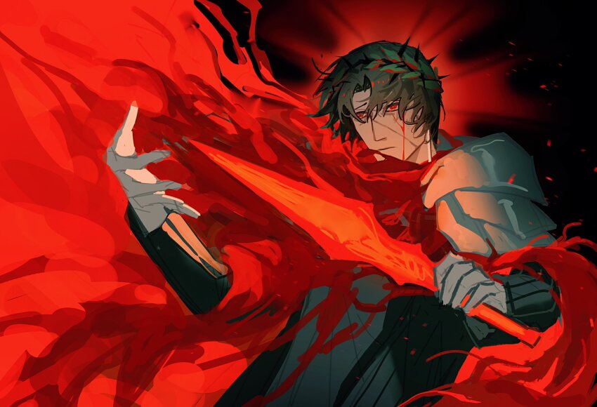 1boy, armor, black_hair, black_jacket, cape, crown_of_thorns, dagger, e.g.o_(project_moon)