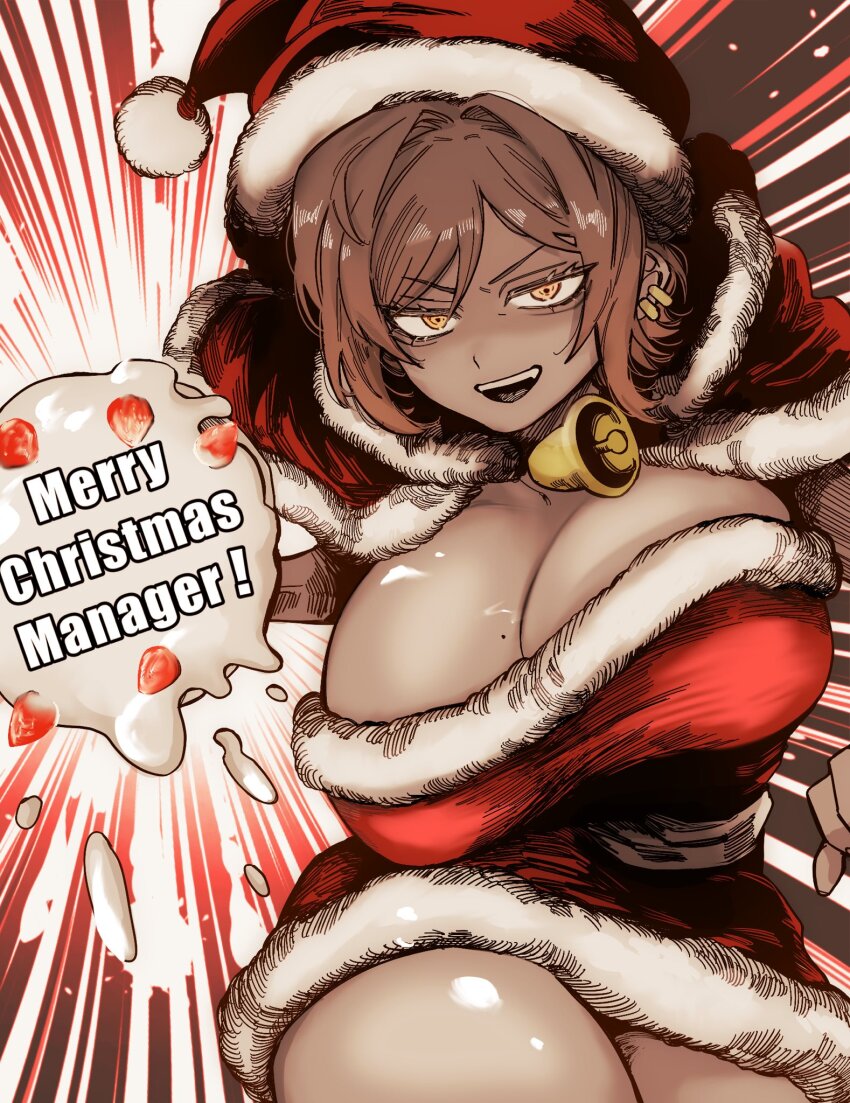 1girl, bell, breasts, brown_eyes, brown_hair, capelet, cowboy_shot, dress