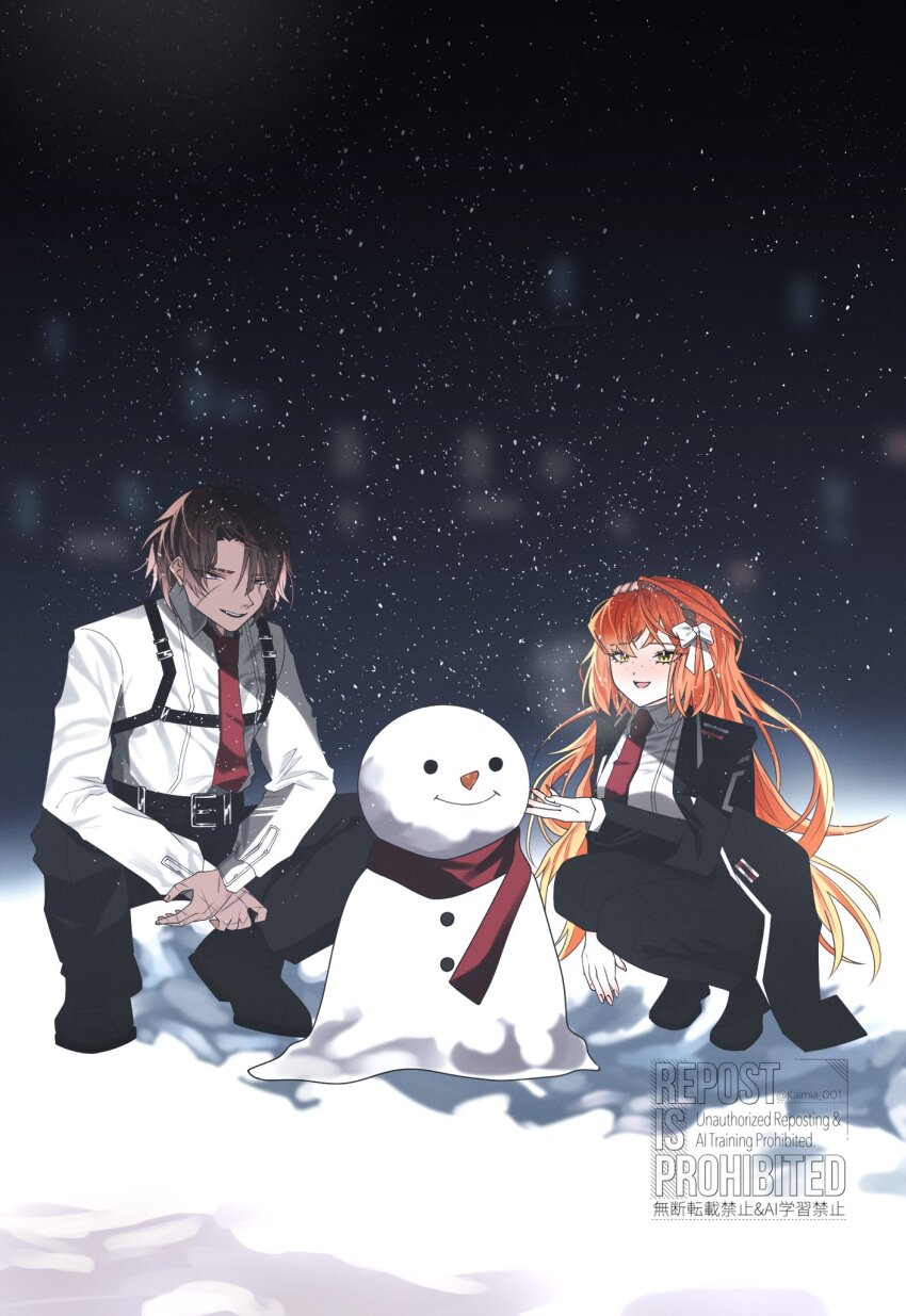 1boy, 1girl, belt, black_belt, black_coat, black_footwear, black_pants, bow