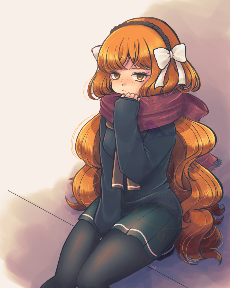 1girl, 793_(oo793oo), between_legs, black_pantyhose, black_shirt, bow, enpera, freckles