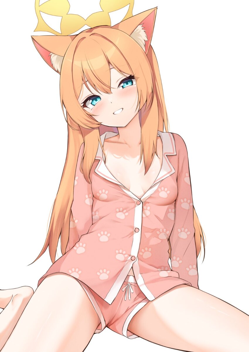1girl, animal_ear_fluff, animal_ears, bare_legs, barefoot, blue_archive, blue_eyes, blush