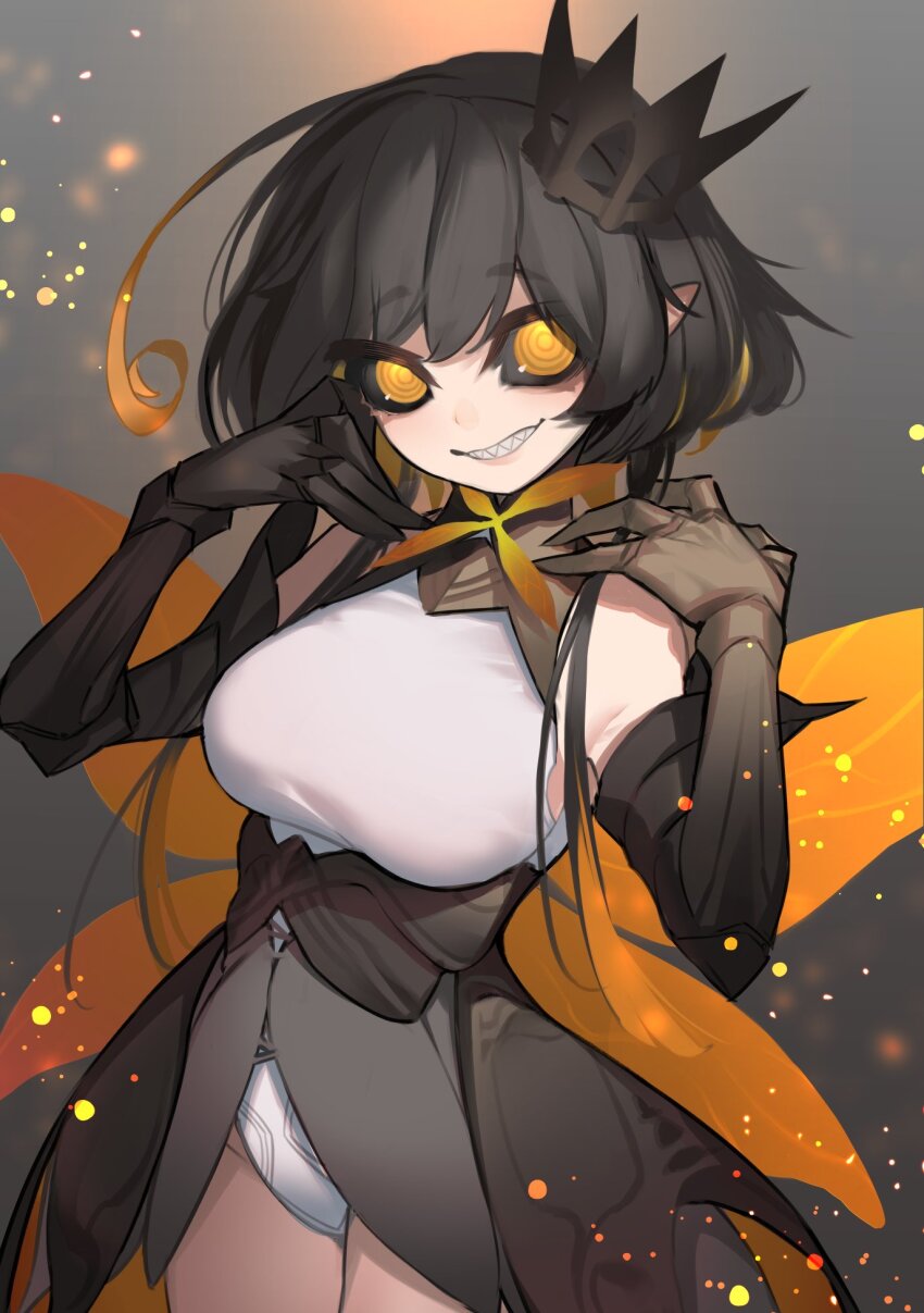 1girl, ahoge, arthropod_girl, bare_shoulders, bee_girl, bee_wings, black_hair, black_sclera