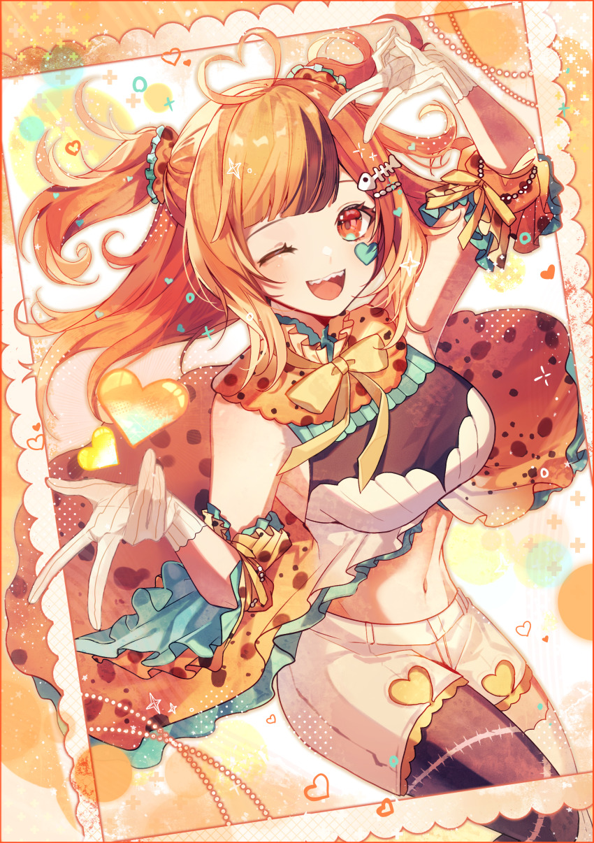 1girl, ;d, absurdres, ahoge, arm_bow, arm_up, asymmetrical_legwear, black_shirt