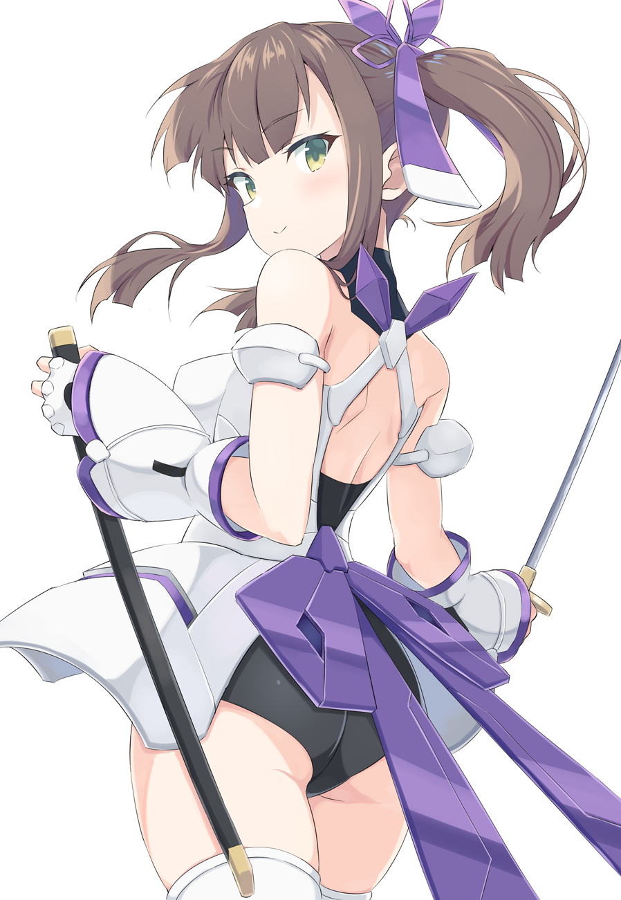 1girl, ass, back, bare_shoulders, brown_hair, closed_mouth, commentary_request, cowboy_shot, from_behind, green_eyes, highres, holding, holding_sheath, holding_sword, holding_weapon, katana, long_hair, looking_at_viewer, looking_back, mecha_musume, pera, ponytail, sheath, side_ponytail, sidelocks, simple_background, smile, solo, suzumoto_hana, sword, thighhighs, toji_no_miko, weapon, white_background, white_thighhighs