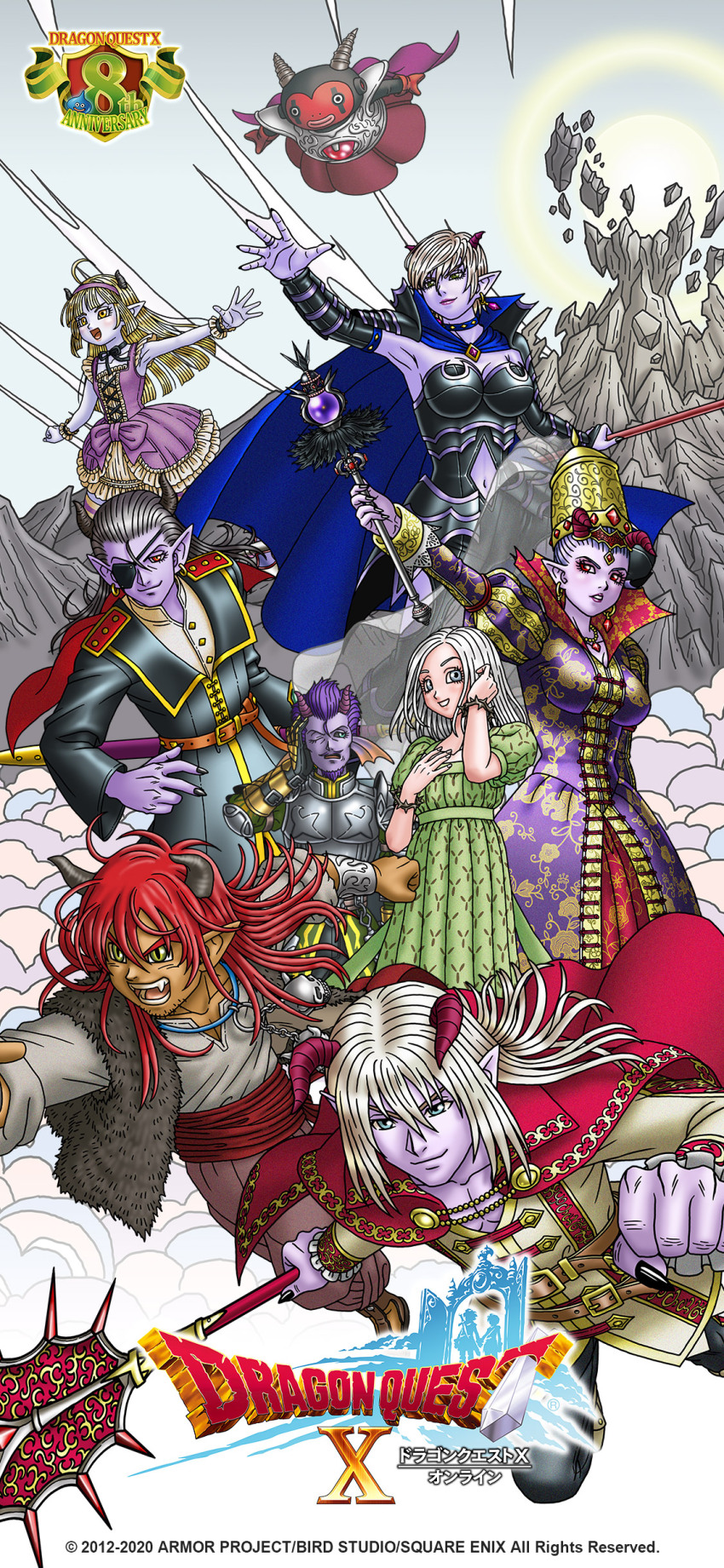 4girls, 5boys, :d, absurdres, ahoge, anniversary, armor, artist_request