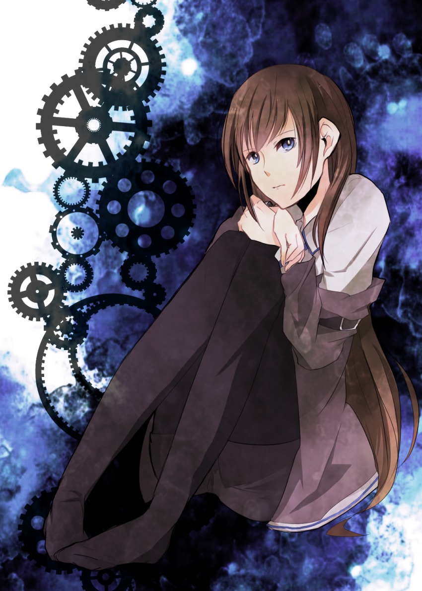 1girl, blue_eyes, brown_hair, female_focus, gears, highres, jacket, long_hair