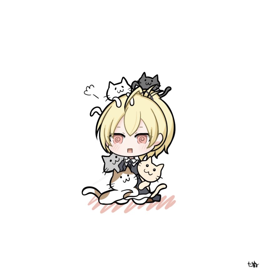 1girl, :3, @_@, ahoge, ando_tazusa, animal, animal_on_head, animal_on_lap, animal_on_shoulder, artist_name, assault_lily, black_ribbon, black_skirt, blonde_hair, brown_shoes, cat, cat_on_head, cat_on_lap, cat_on_shoulder, chibi, full_body, happa_no_tanupon, high-waist_skirt, high_ponytail, juliet_sleeves, long_sleeves, looking_ahead, looking_at_viewer, necktie, on_head, on_lap, open_mouth, pantyhose, ponytail, puff_of_air, puffy_sleeves, rectangular_mouth, red_eyes, ribbon, school_uniform, shoes, short_hair, simple_background, sitting, skirt, solo, surrounded, wariza, white_background, white_pantyhose, yurigaoka_girls_academy_school_uniform