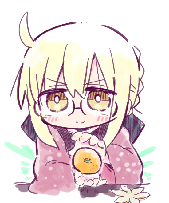 >:), 1girl, ahoge, artoria_pendragon_(fate), blonde_hair, blush, braid, brown_eyes, closed_mouth, commentary_request, fate/grand_order, fate_(series), food, fruit, glasses, hair_between_eyes, kasuga_yuuki, levitating_orange_trick, long_sleeves, looking_at_viewer, mandarin_orange, mysterious_heroine_x_alter_(fate), smile, solo, upper_body, v-shaped_eyebrows, white_background, wide_sleeves
