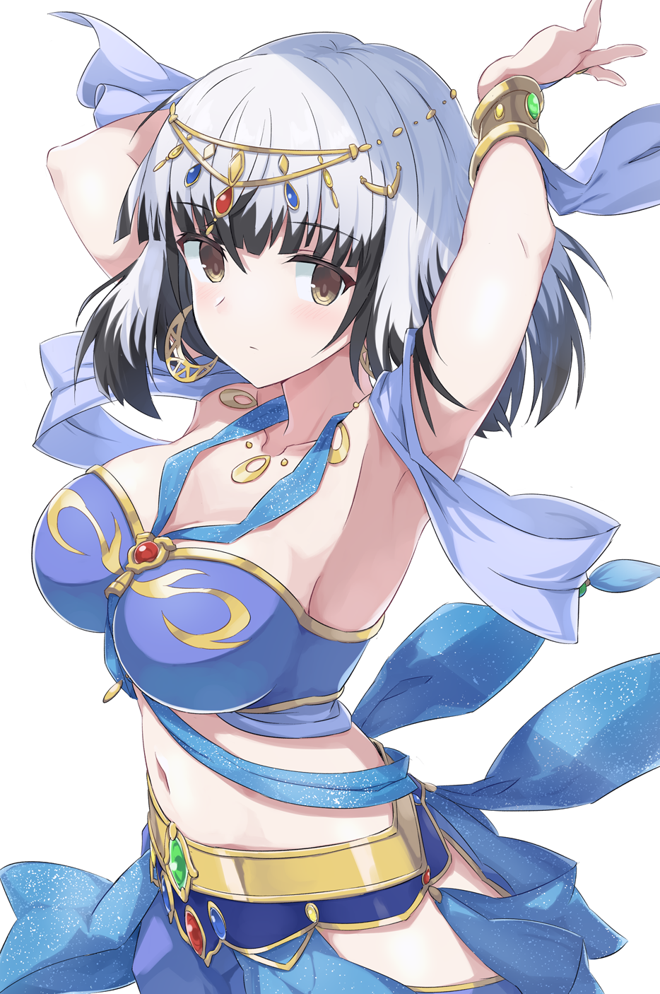1girl, arabian_clothes, armpits, arms_up, bare_shoulders, black_hair, blunt_bangs, bracelet