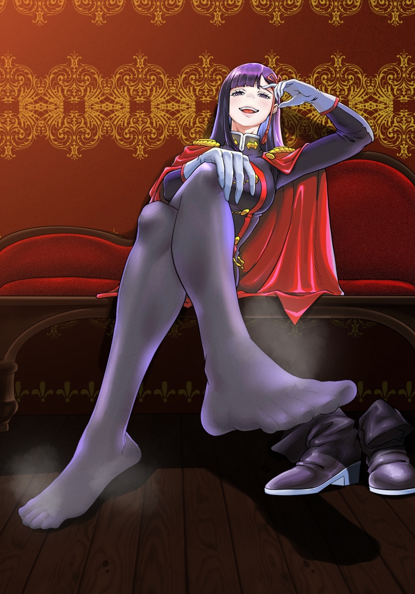 1girl, a_lailai_lailai, boots, crossed_legs, feet, hand_on_own_knee, highres, light_blush, long_hair, looking_at_viewer, mato_seihei_no_slave, military_uniform, open_mouth, pantyhose, purple_eyes, purple_hair, shoes, steam, toes, unworn_boots, unworn_shoes, yamashiro_ren
