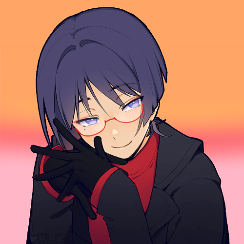 1boy, alternate_costume, bespectacled, black_coat, black_gloves, black_sleeves, blunt_ends, bright_pupils