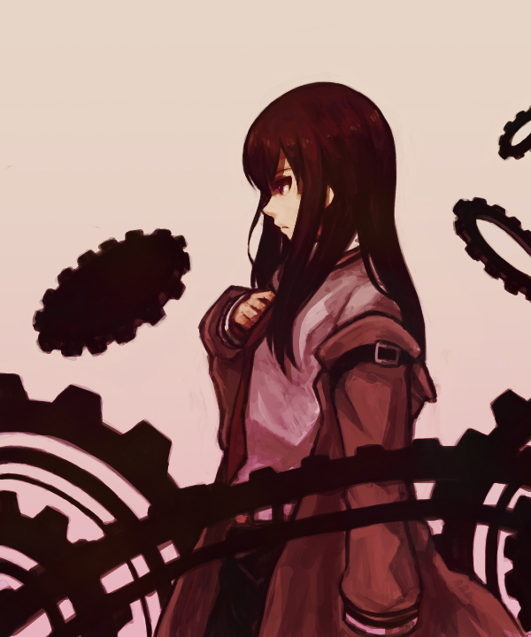 1girl, brown_hair, female_focus, gears, haruhito_(divineshalt), haruhito_(pixiv22545), jacket, long_hair, makise_kurisu, necktie, pantyhose, pantyhose_under_shorts, science_adventure, shorts, solo, steins;gate