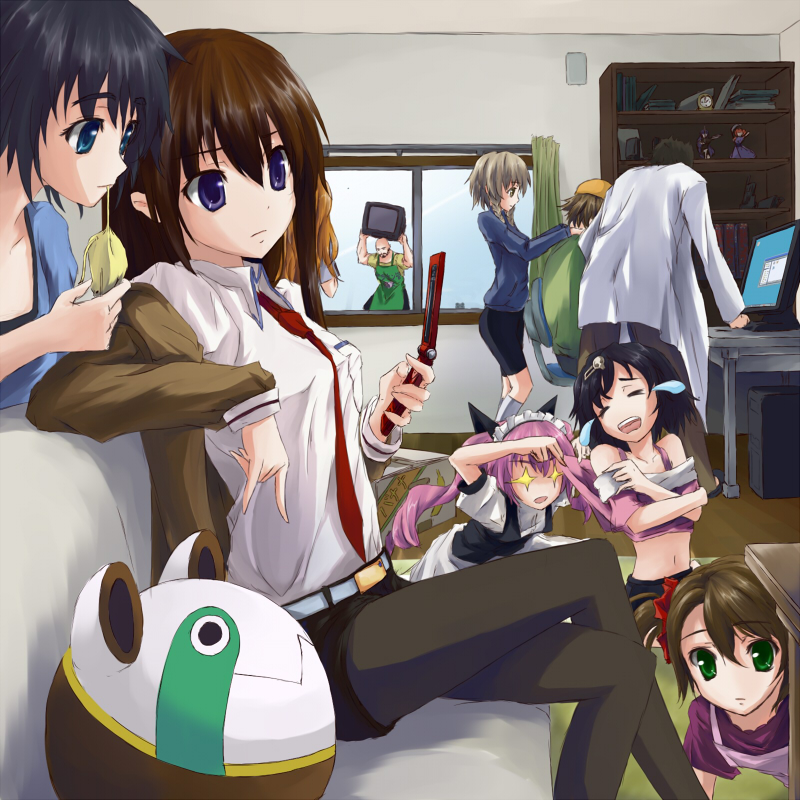 4boys, 5girls, akiha_rumiho, amane_suzuha, at_computer, black_hair, blue_eyes, brown_hair