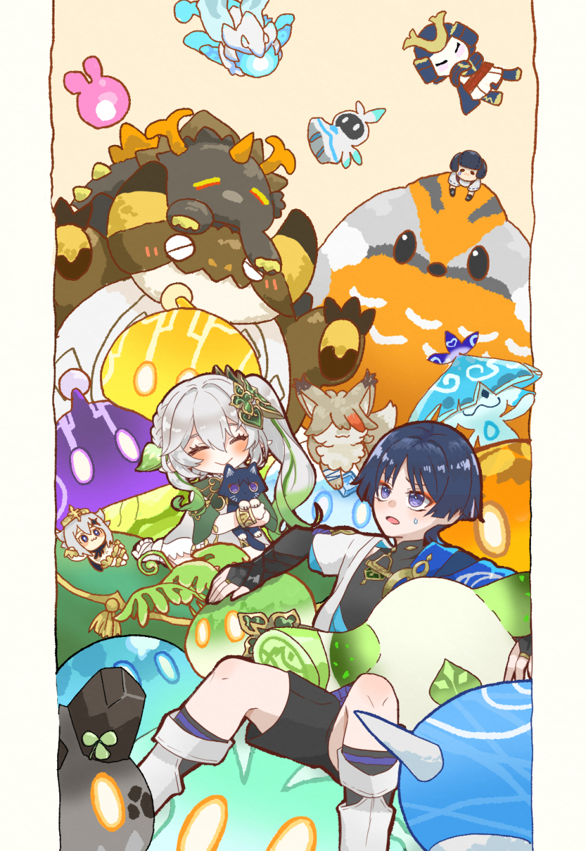 1boy, 1girl, :>, anemo_slime_(genshin_impact), animal, animalization, ararycan_(genshin_impact), azhdaha_(genshin_impact)