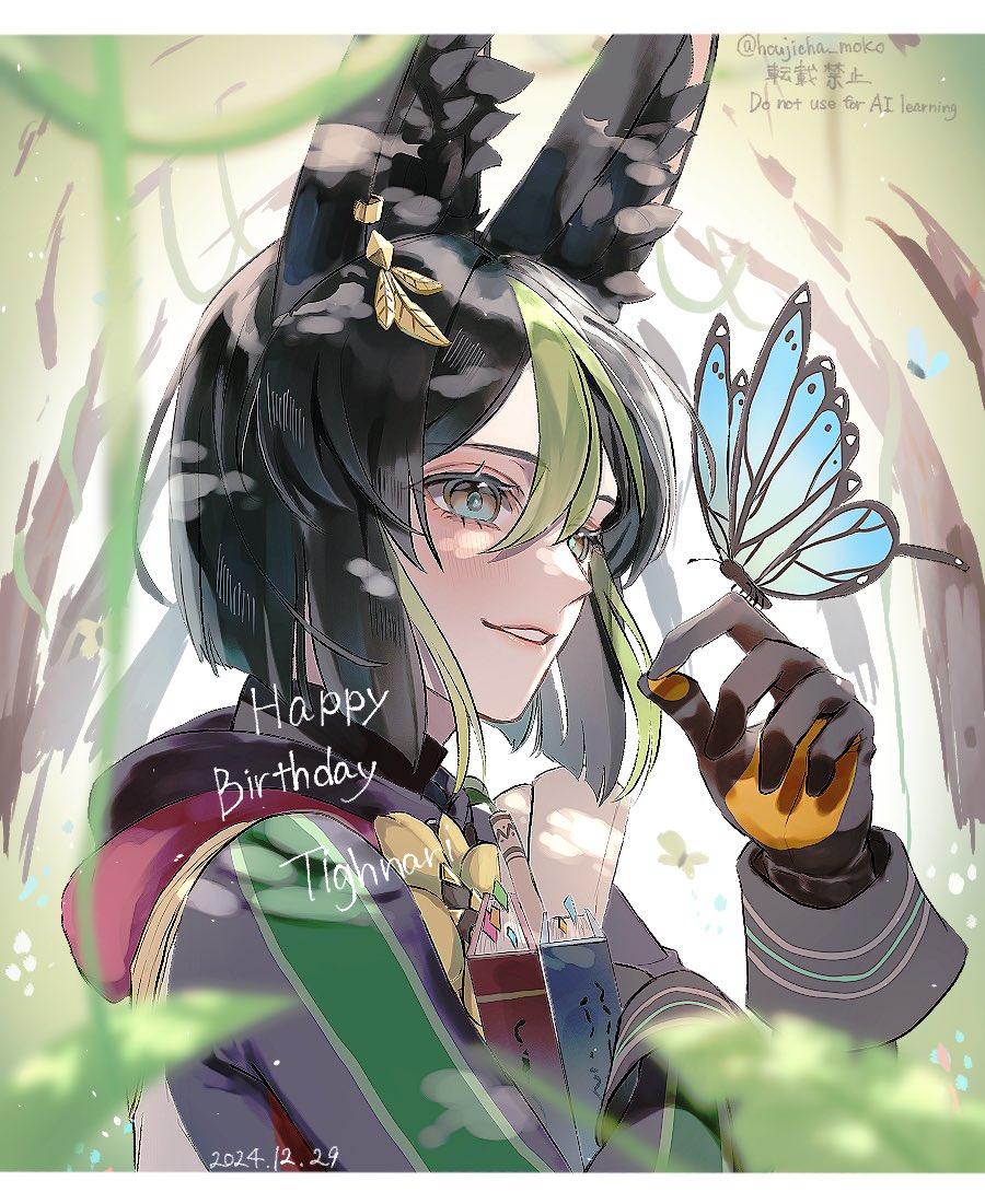 1boy, animal_ear_fluff, animal_ears, black_gloves, black_hair, black_hood, blue_butterfly, blush