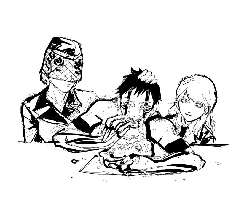 1girl, 2boys, body_markings, cake, character_doll, closed_mouth, crying, demi-fiend