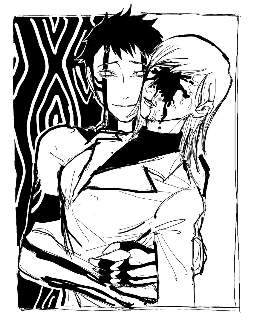 1boy, 1girl, aradia_(megami_tensei), body_markings, closed_mouth, coat, demi-fiend, facial_tattoo