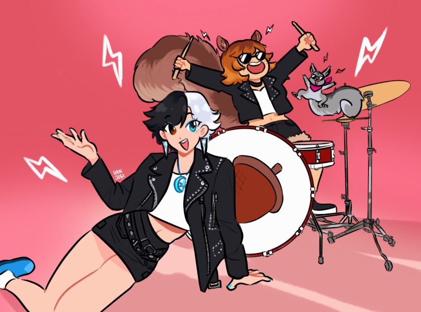 2girls, animal_ears, apt._(rose_&amp;_bruno_mars), brown_hair, brown_jacket, brown_tail, crop_top, freckles