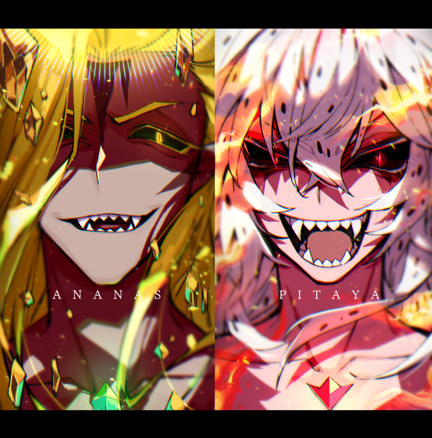 2others, ananas_dragon_cookie, black_sclera, blonde_hair, character_name, chromatic_aberration, collarbone, colored_eyelashes