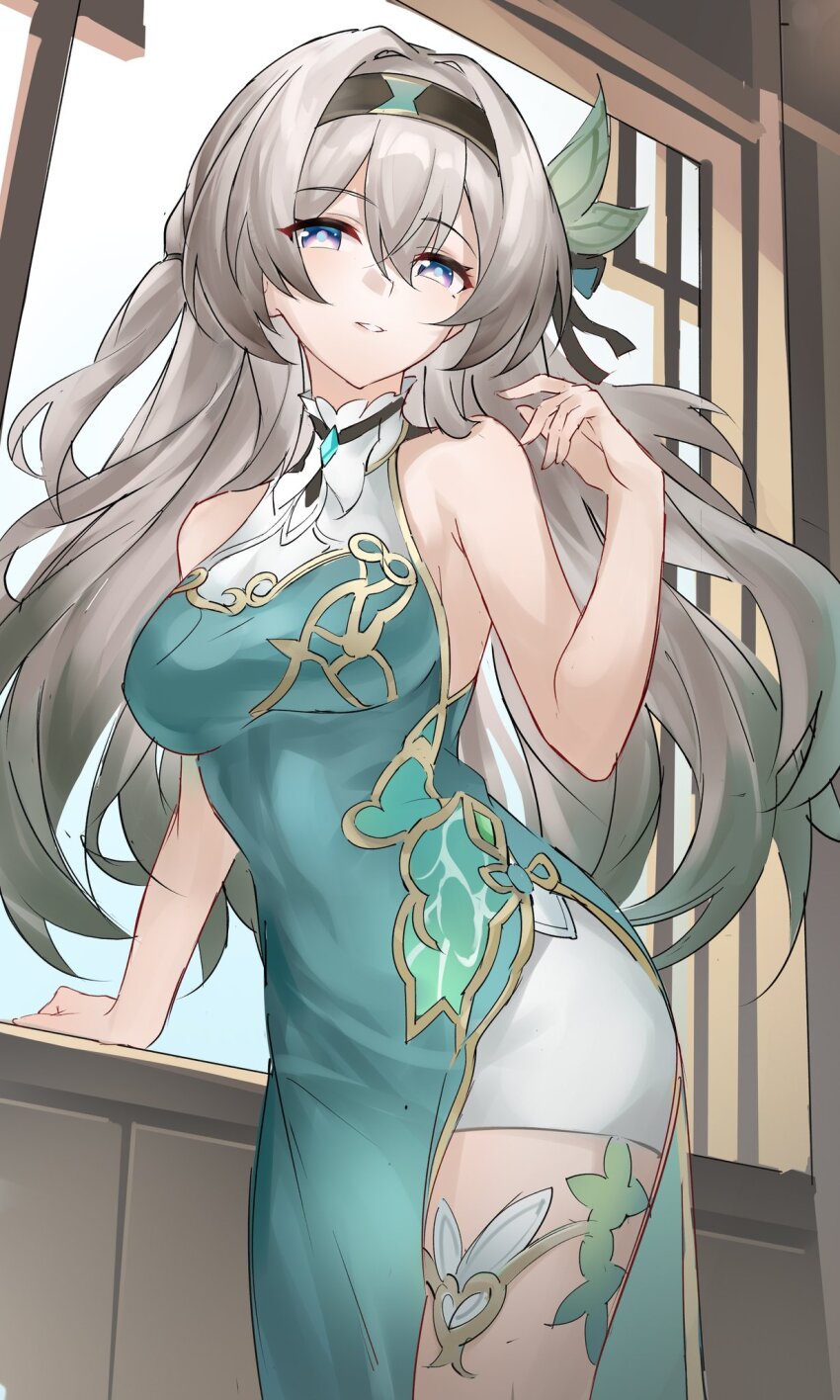 1girl, alternate_costume, aqua_dress, aqua_hair, bare_shoulders, black_hairband, breasts, china_dress