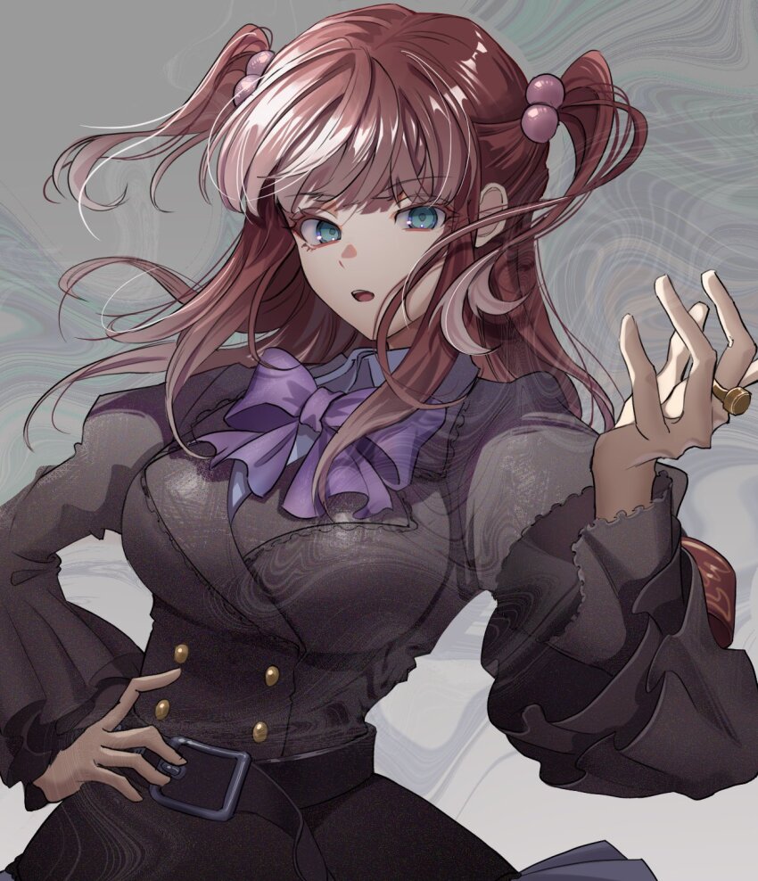 black_dress, blue_eyes, bow, dress, highres, jewelry, long_hair, looking_at_viewer