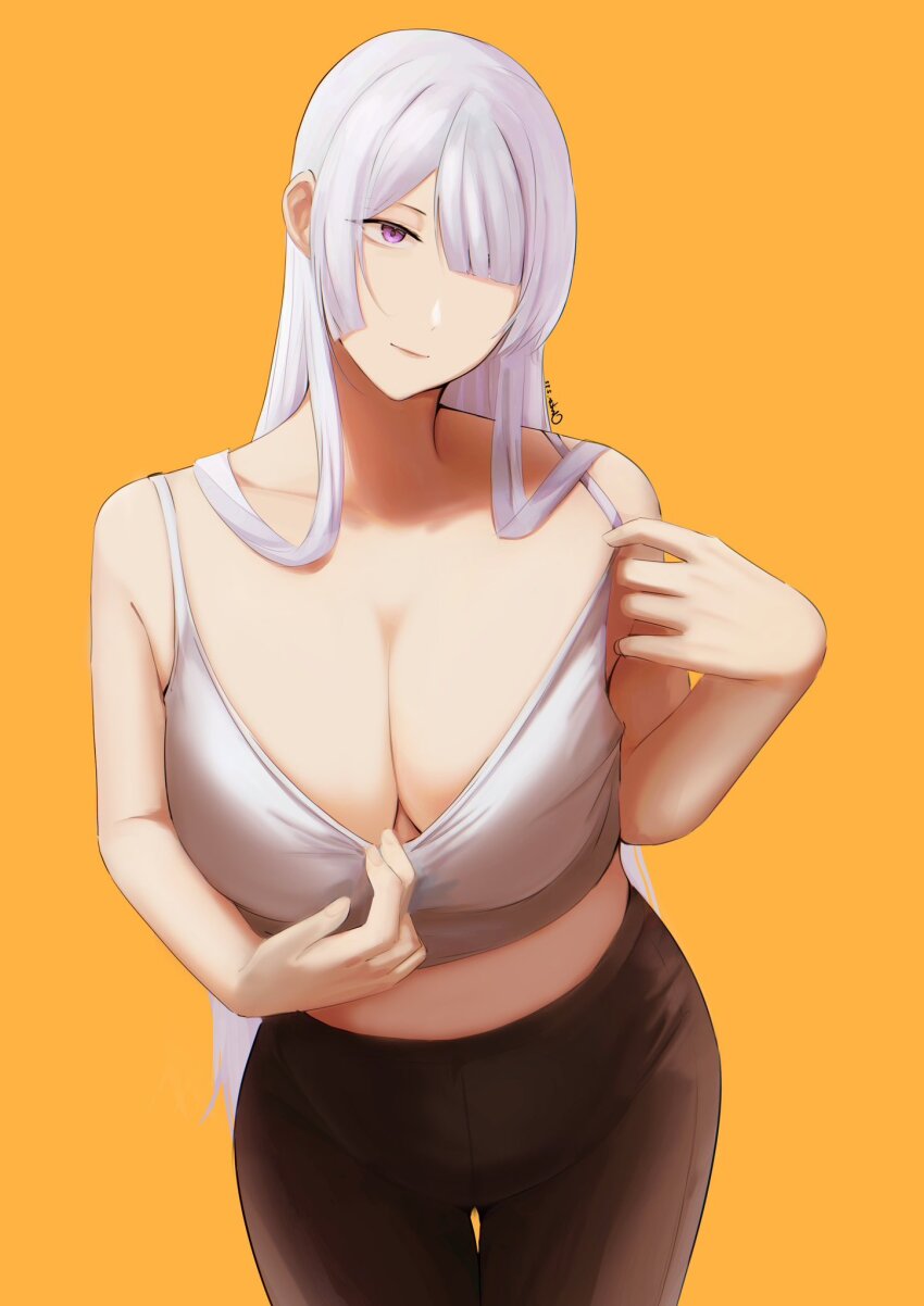 1girl, ak-15_(girls'_frontline), alternate_costume, black_pants, breasts, chika_232, cleavage, closed_mouth, collarbone, girls'_frontline, hair_over_one_eye, highres, large_breasts, light_smile, long_hair, looking_at_viewer, midriff, orange_background, pants, pulling_own_clothes, purple_eyes, shirt, solo, standing, tank_top, white_hair, white_shirt, white_tank_top, yellow_background