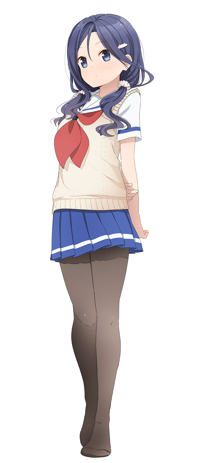 1girl, abe_kanari, black_hair, black_pantyhose, blue_eyes, blue_skirt, full_body, furushou_kaoru, high_school_fleet, highres, low_twintails, neckerchief, pantyhose, pleated_skirt, red_neckerchief, sailor_collar, school_uniform, serafuku, shirt, short_sleeves, skirt, solo, sweater_vest, twintails, white_sailor_collar, white_shirt, white_sweater_vest, yokosuka_girls_marine_high_school_uniform