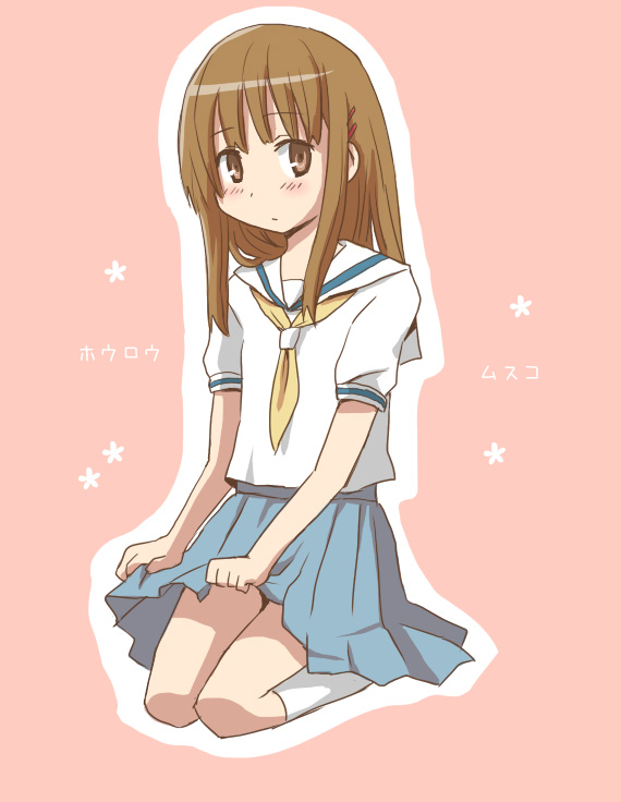 1boy, blush, brown_eyes, brown_hair, crossdressing, crossdressing_(mtf), hair_ornament, hairclip