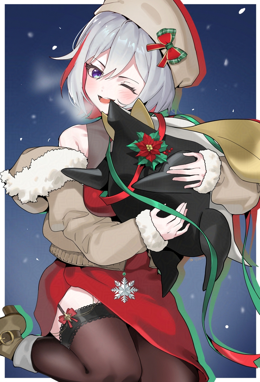 1girl, absurdres, bare_shoulders, blue_eyes, boots, christmas, coat, colored_inner_hair