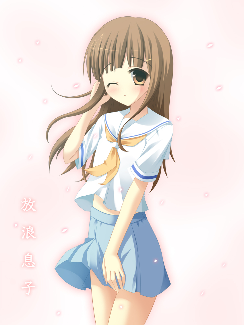 akarin_(sakuraakarin), blush, brown_eyes, brown_hair, cherry_blossoms, crossdressing, hair_ornament, hairclip