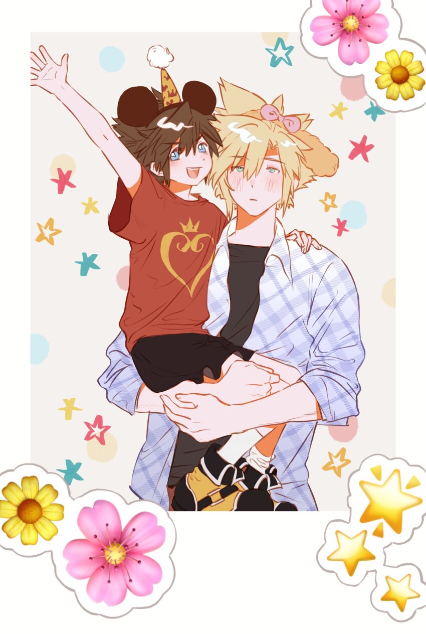 black_shirt, black_shorts, blonde_hair, blue_eyes, blush, boots, bow, brown_hair, child, cloud_strife, final_fantasy, final_fantasy_vii, flannel, flower, hair_between_eyes, hair_bow, hand_up, hat, highres, kingdom_hearts, male_focus, mickey_mouse_ears, open_mouth, party_hat, pink_bow, plaid_clothes, plaid_shirt, print_shirt, red_shirt, shirt, short_hair, shorts, sleeves_rolled_up, smile, sora_(kingdom_hearts), spiked_hair, upper_body, white_background, xevir3399
