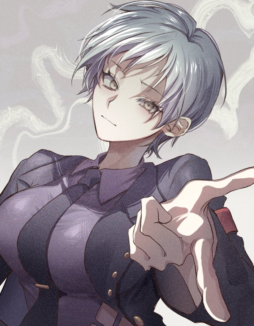 black_coat, black_necktie, breasts, coat, highres, large_breasts, looking_at_viewer, mature_female