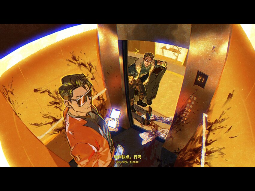 black_hair, blood, blood_on_wall, elevator, facial_hair, fisheye, from_above, fur-trimmed_jacket, fur_trim, highres, holding, holding_phone, jacket, johnny_cage, kenshi_(mortal_kombat), kenshi_takahashi, male_focus, mortal_kombat_(series), mortal_kombat_1_(2023), orange_jacket, phone, short_hair, smile, stubble, subtitled, sunglasses, takahashi_kenshi, xevir3399
