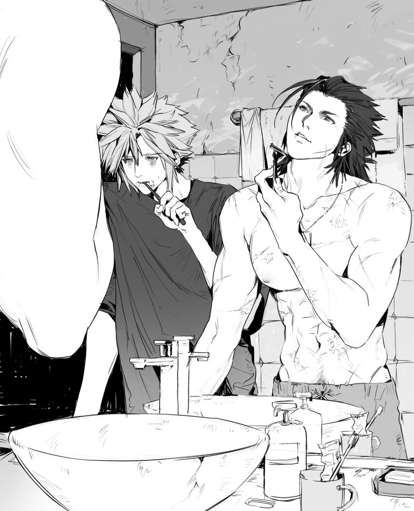 2boys, bags_under_eyes, bathroom, brushing_teeth, bullet_scar, cloud_strife, dog_tags, facial_scar, final_fantasy, final_fantasy_vii, greyscale, hair_between_eyes, hair_slicked_back, highres, holding, holding_razor, holding_toothbrush, male_focus, medium_hair, monochrome, multiple_boys, muscular, muscular_male, parted_lips, razor, safety_razor, scar, scar_on_arm, scar_on_cheek, scar_on_chest, scar_on_face, shaving, shirt, short_hair, sideburns, sink, spiked_hair, t-shirt, tile_wall, tiles, toothbrush, topless_male, upper_body, xevir3399, zack_fair