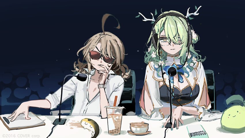 2girls, ahoge, announcer, antlers, arm_cutout, arm_rest, asymmetrical_bangs, bow, bowtie, breasts, brown_hair, bubble_tea, capelet, ceres_fauna, ceres_fauna_(1st_costume), chair, cleavage, clothing_cutout, coffee, collarbone, commentary, crowd, cup, curly_hair, dark_background, desk, desk_microphone, dress, english_commentary, flower, framed_breasts, gigi_murin, glasses, gold_trim, grem_(gigi_murin), grey_hair, hair_flower, hair_ornament, hair_over_shoulder, hand_on_own_chin, head_tilt, headphones, highres, hololive, hololive_english, horns, indoors, long_sleeves, low_twintails, mole, mole_under_eye, multicolored_hair, multiple_girls, note, notepad, partially_unbuttoned, radio_booth, recording_studio, sapling_(ceres_fauna), shirt, short_twintails, sitting, sleeve_rolled_up, stroking_own_chin, suaviterra, sunglasses, teacup, thinking, tree_horns, twintails, two-tone_hair, virtual_youtuber, watch, white_shirt, wide_sleeves, wristwatch, yellow_eyes