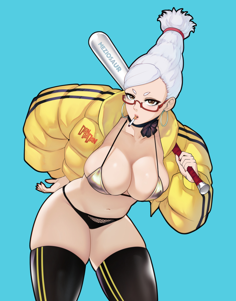 1girl, artist_name, ayase_seiko, baseball_bat, beehive_hairdo, black_bra, black_choker, black_panties