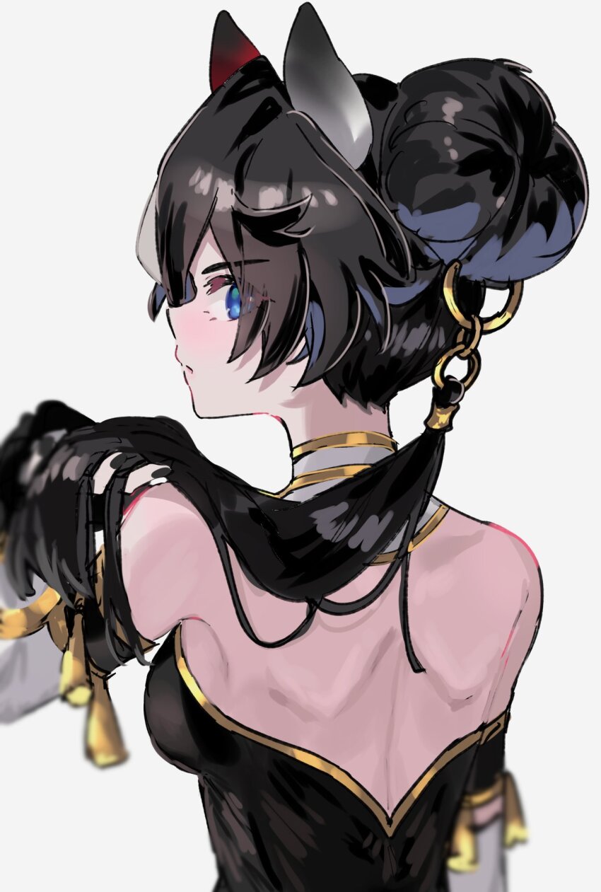 1girl, animal_ears, aogisa, back, backless_shirt, bare_shoulders, black_hair, black_shirt, blue_eyes, breasts, closed_mouth, detached_sleeves, ear_covers, from_behind, frown, hair_bun, hand_in_own_hair, hand_up, highres, horse_ears, katsuragi_ace_(pen_name:_ink_dragon)_(umamusume), katsuragi_ace_(umamusume), looking_at_viewer, looking_back, shirt, simple_background, small_breasts, solo, umamusume, upper_body, white_background