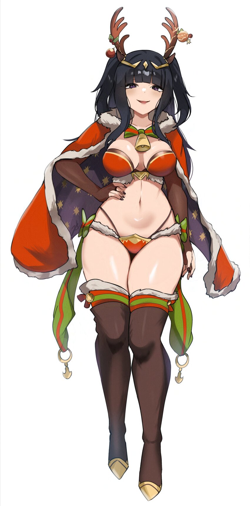 1girl, @storm5958, absurdres, antlers, bell, bikini, black_hair, boots, bra, breasts, cape, fake_antlers, fire_emblem, fire_emblem_awakening, fire_emblem_heroes, fur-trimmed_cape, fur_trim, hand_on_own_hip, highres, horns, jake_brito, large_breasts, leather, leather_pants, long_hair, looking_at_viewer, navel, neck_bell, nintendo, official_alternate_costume, panties, pants, purple_eyes, red_bikini, red_bra, red_panties, reindeer_antlers, simple_background, smile, solo, star_(symbol), star_print, stephanie_sheh, swimsuit, tharja_("normal_girl")_(fire_emblem), tharja_(fire_emblem), thick_thighs, thigh_boots, thighhighs, thighs, two_side_up, underwear, voice_actor_connection, zet_(twt_zet)