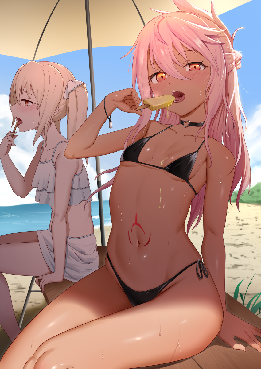 2girls, absurdres, bare_shoulders, beach, beach_umbrella, bikini, blush, breasts, chloe_von_einzbern, choker, collarbone, dark-skinned_female, dark_skin, fate/kaleid_liner_prisma_illya, fate_(series), food, hair_bun, half_updo, highres, illyasviel_von_einzbern, long_hair, looking_at_viewer, mailixiang, micro_bikini, multiple_girls, navel, open_mouth, orange_eyes, outdoors, pink_hair, popsicle, red_eyes, shore, sidelocks, small_breasts, stomach, stomach_tattoo, sweat, swimsuit, tan, tattoo, thighs, twintails, umbrella, white_hair