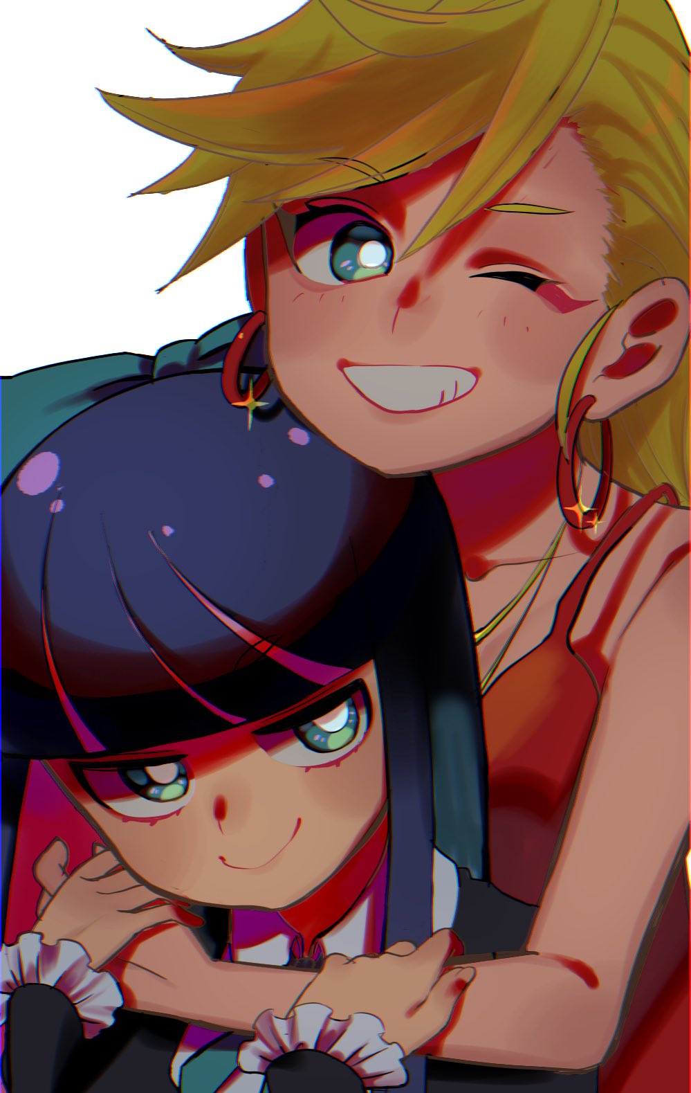 2girls, aqua_eyes, bare_shoulders, black_dress, blonde_hair, blue_bow, blue_eyes, blunt_bangs