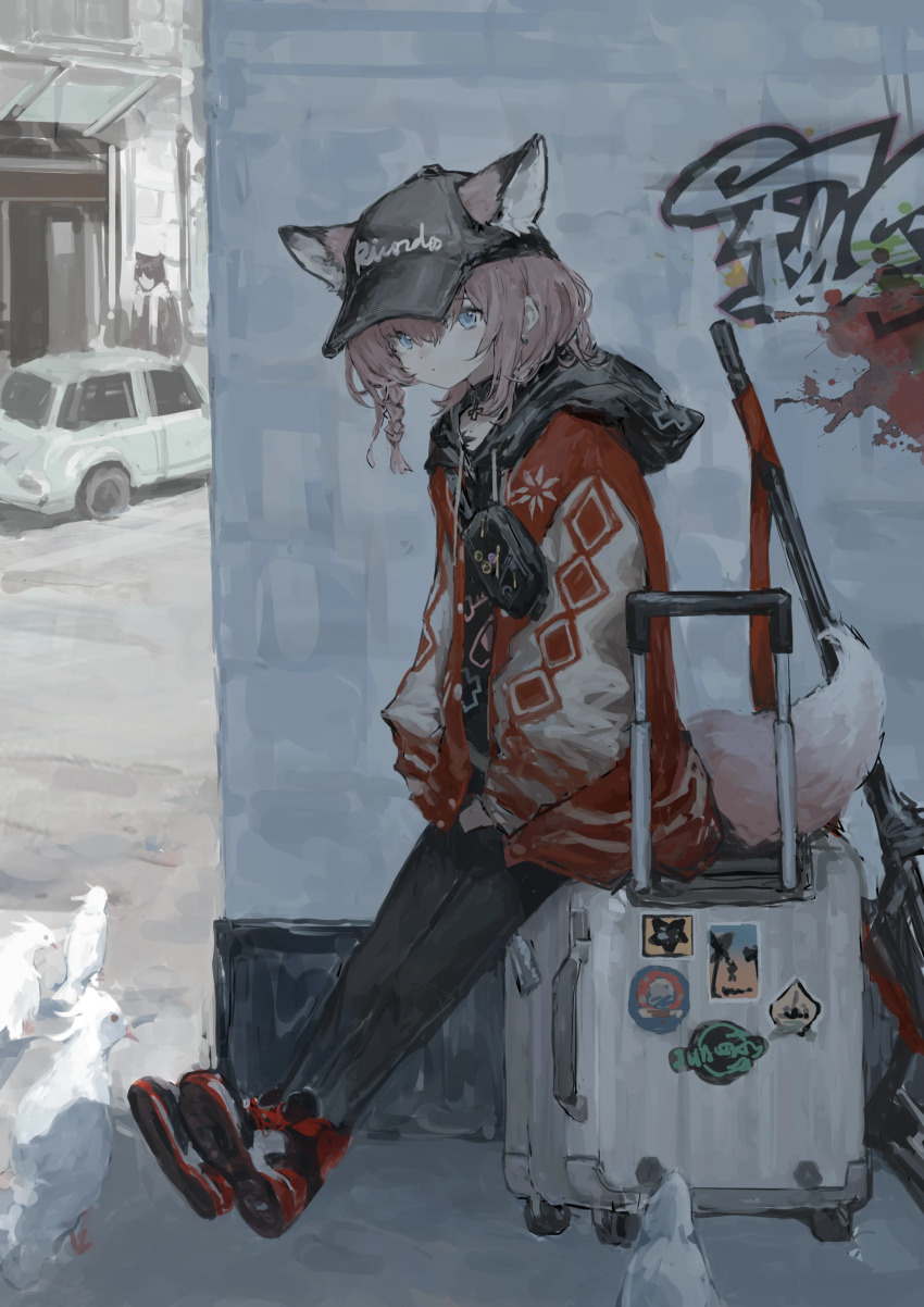 1girl, 1other, absurdres, animal_ear_fluff, animal_ears, arknights, baseball_cap, bird